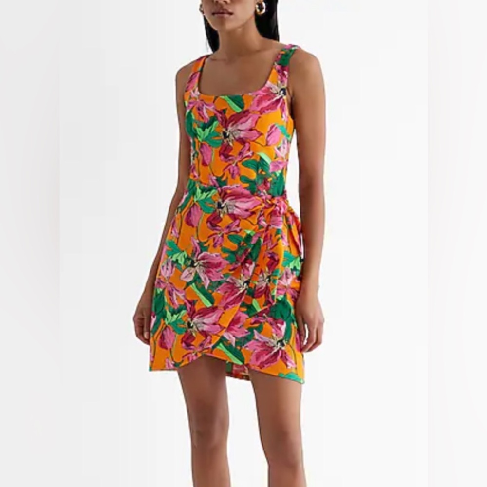 Express Floral Wrap Dress - Orange, Pink, Green